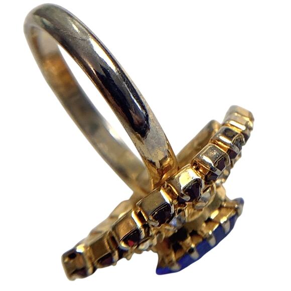 Vintage 60s 70s Cocktail Ring Gold Tone Blue Navette Red Rhinestone Statement - Picture 7 of 13